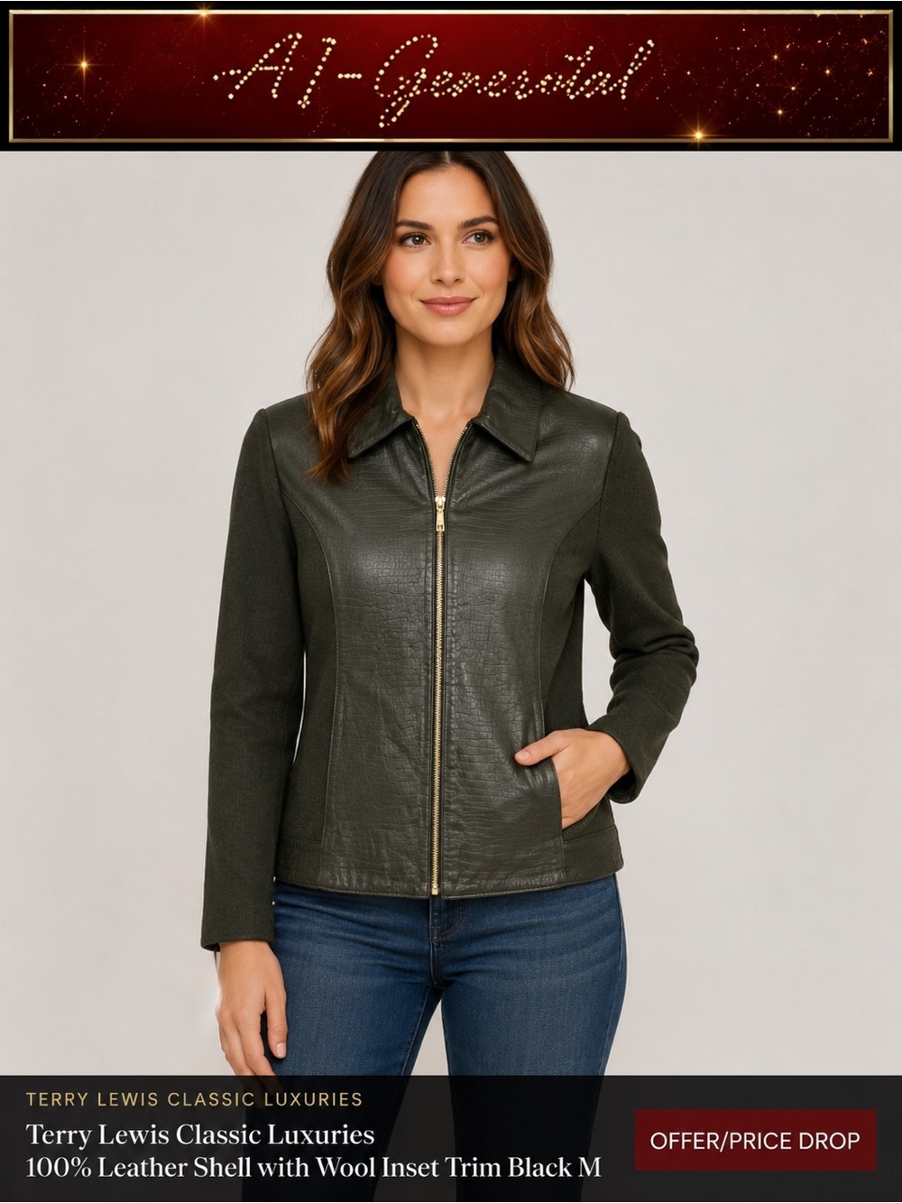 Terry Lewis Classic Luxuries 100% Leather Shell with Wool Jacket Trim Black Med